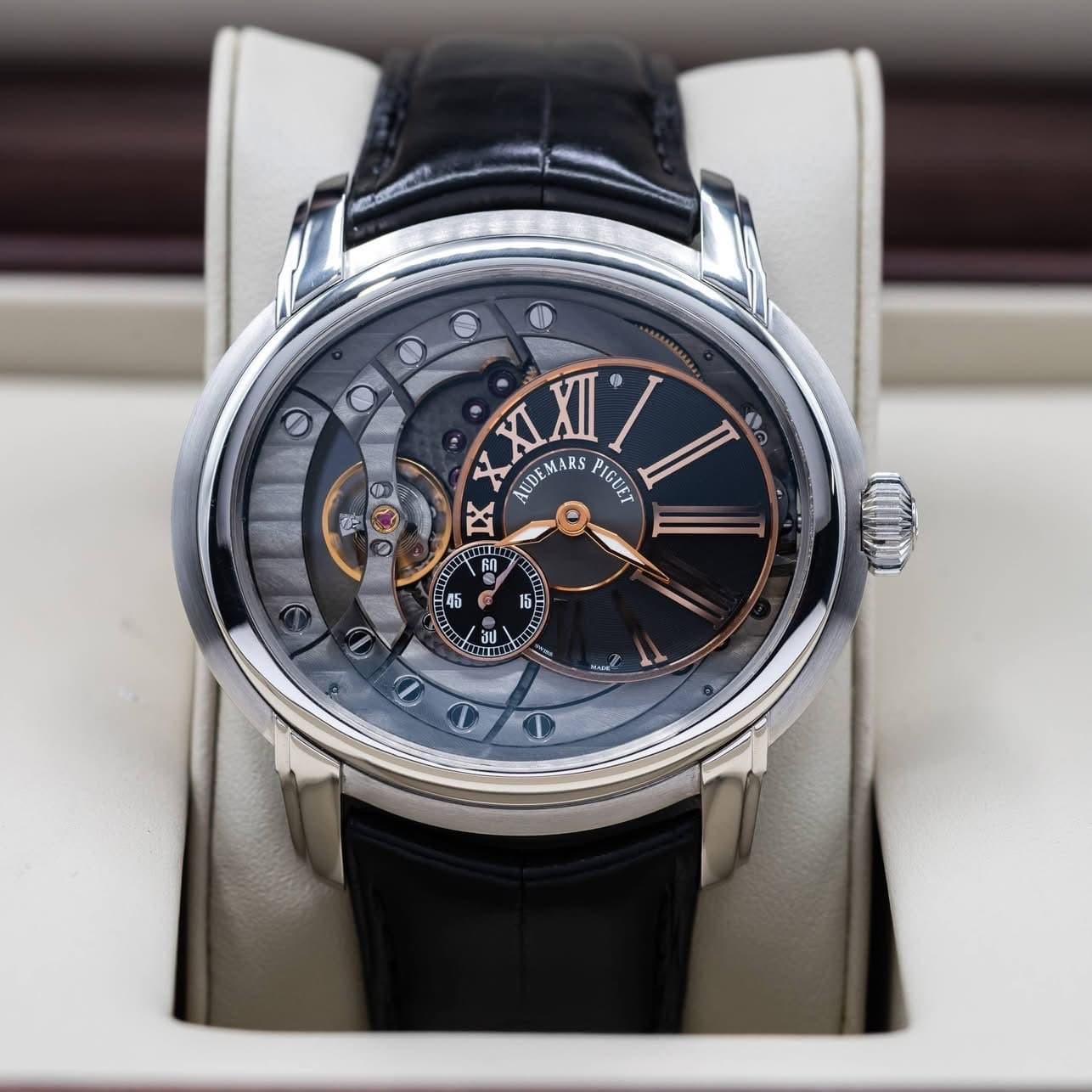 Audemars Piguet Millenary 4101 black dial with rose gold Roman numerals, front view in the presentation box