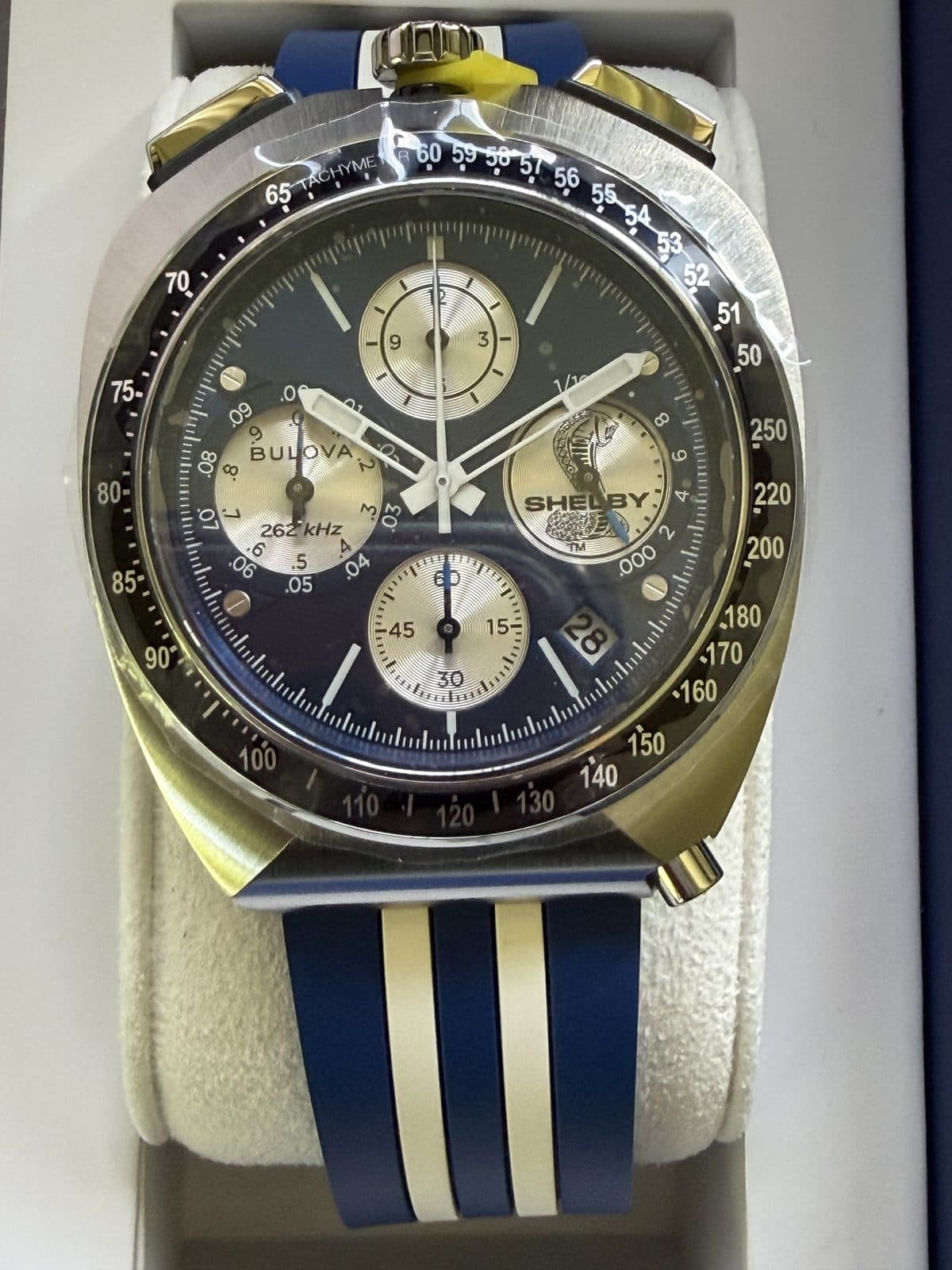 Bulova Shelby Racer 98B452 dial close-up showing the blue and silver chronograph