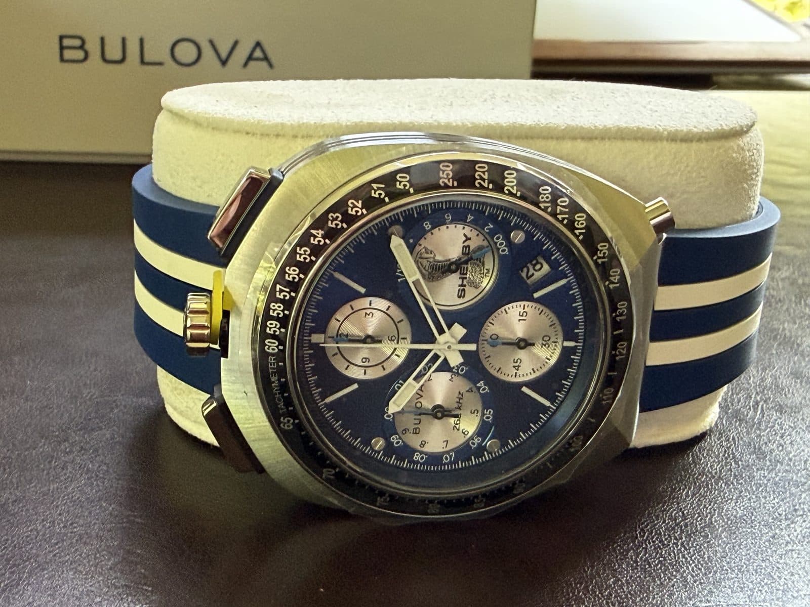 Bulova Shelby Racer 98B452 angled view on its cushion