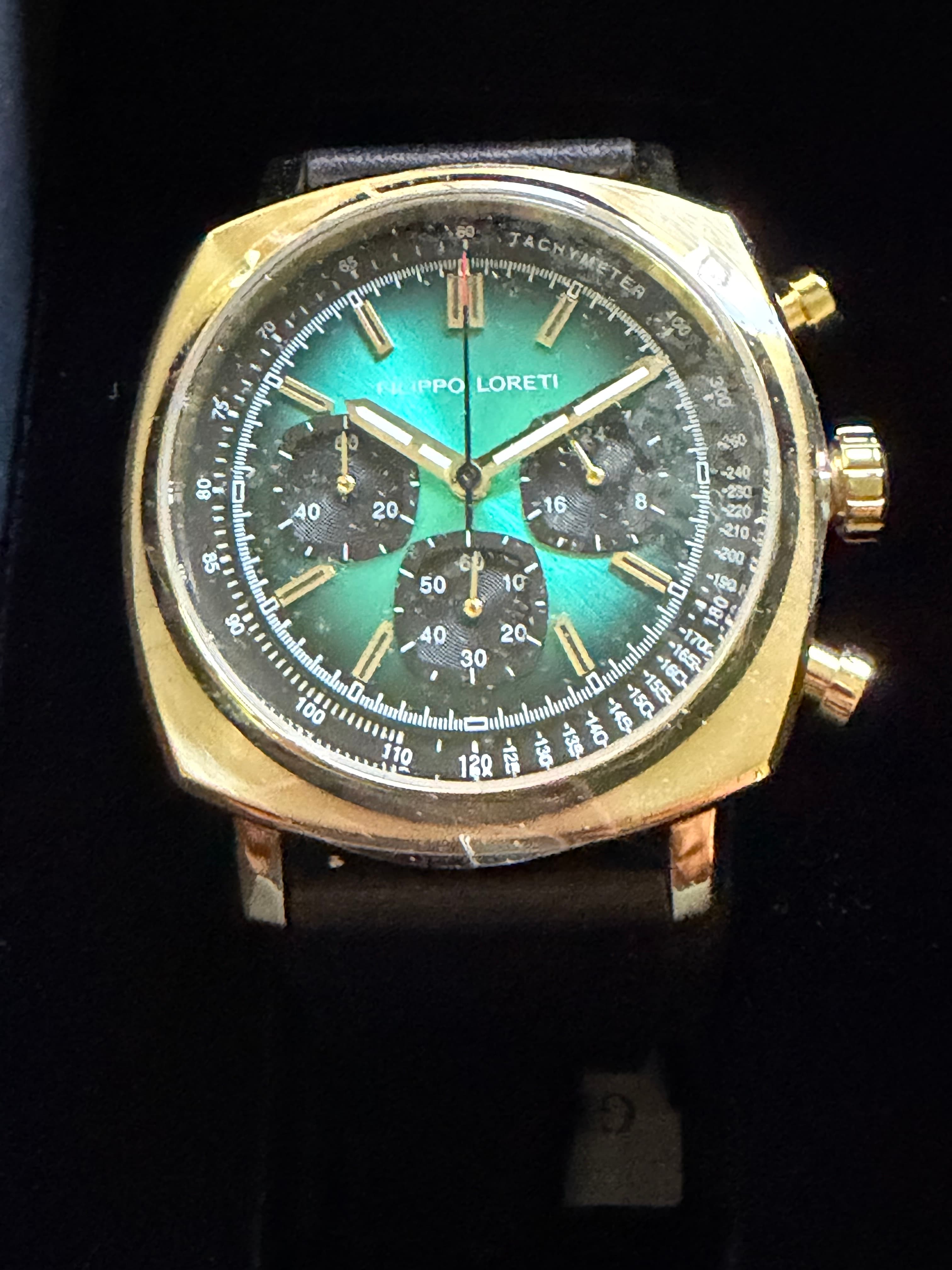 Filippo Loreti Retro Chrono Verde front view showing green sunburst dial and gold-tone case