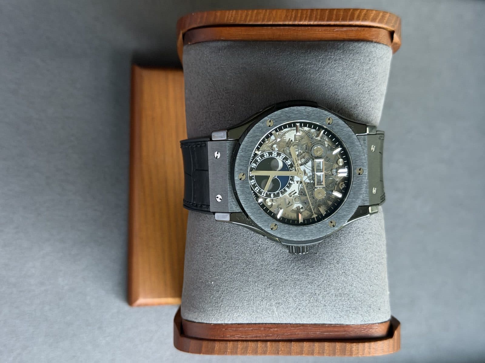 Hublot Classic Fusion Aerofusion Moonphase 517.CX.0170.LR on its presentation cushion