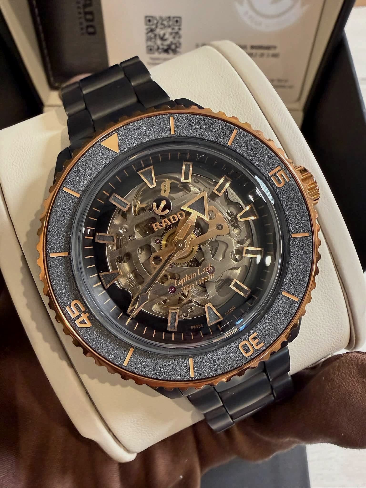 Close-up of the Rado Captain Cook High-Tech Ceramic Skeleton with rose gold-tone bezel accents